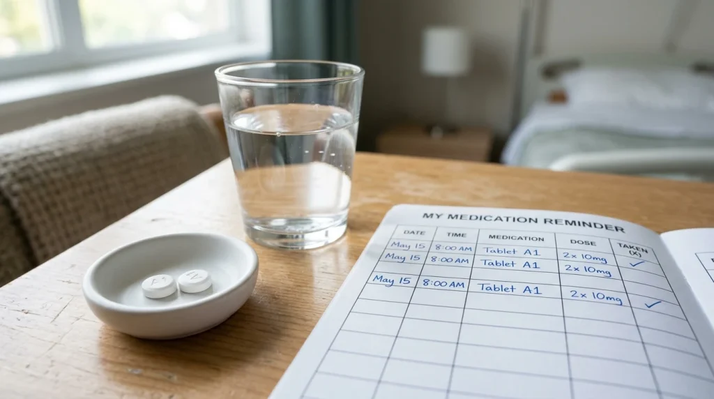Two pharmaceutical tablets held on a ceramic dosing dish next to a patient medication reminder log