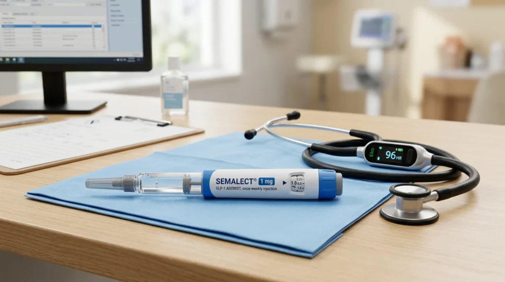 Prefilled GLP-1 receptor agonist semaglutide injection pen on sterile clinical consulting table