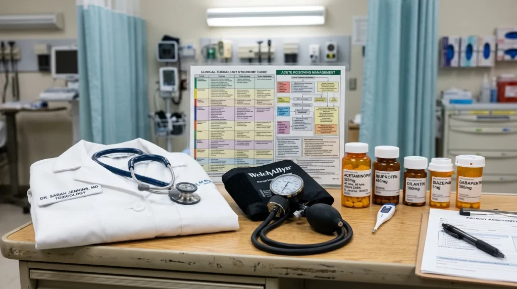 Clinical toxicology diagnostic chart, blood pressure cuff, and prescription medication bottles on doctor desk
