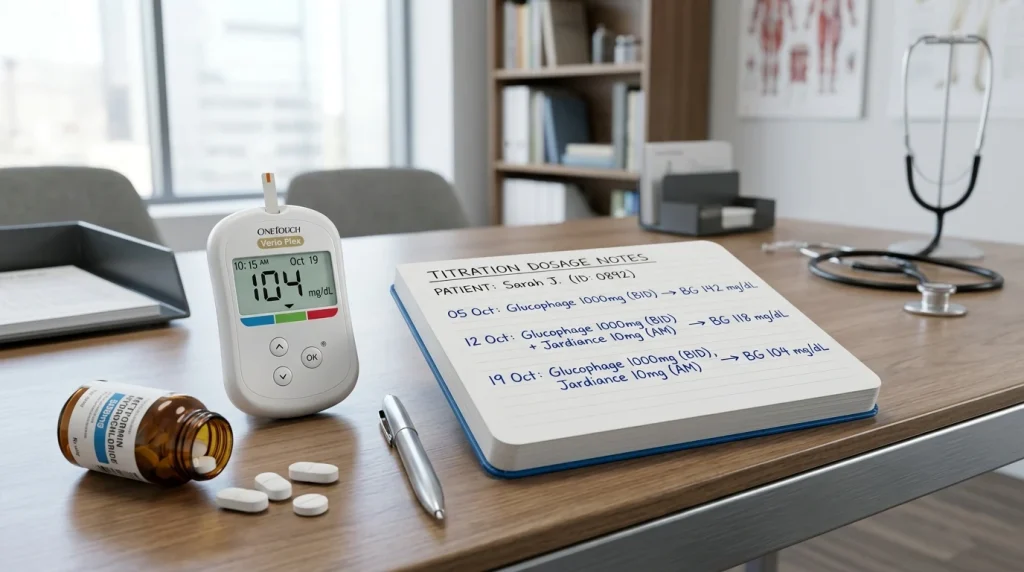 Clinical glucometer, dosage titration notebook, and white metformin tablets on medical desk