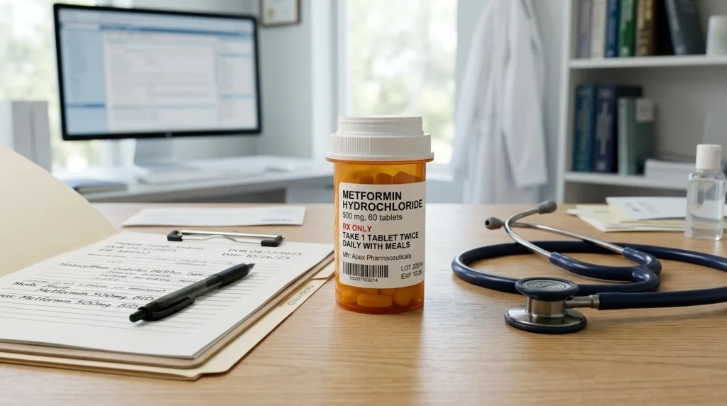 Metformin prescription bottle on medical consulting desk with clinical evaluation notes