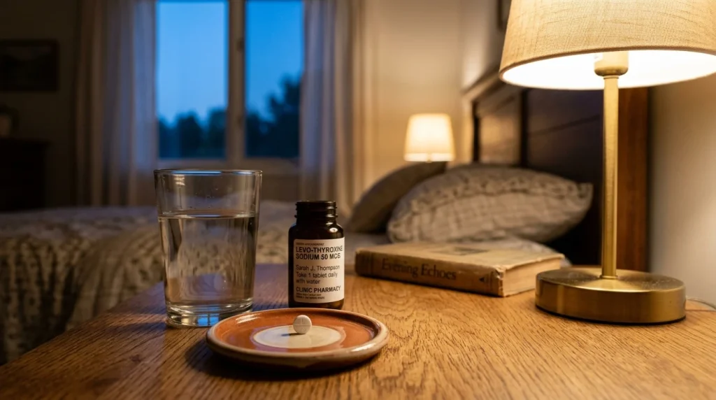 Levothyroxine thyroid tablet on ceramic coaster beside water glass under warm evening bedside lamp