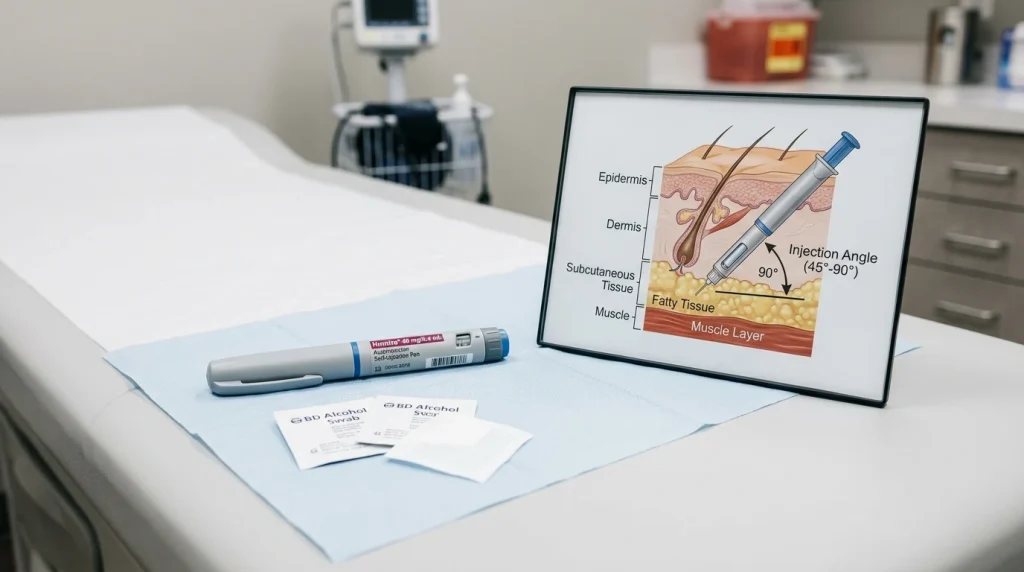 Medical examination room with subcutaneous injection supplies, alcohol prep pad, and anatomical site chart