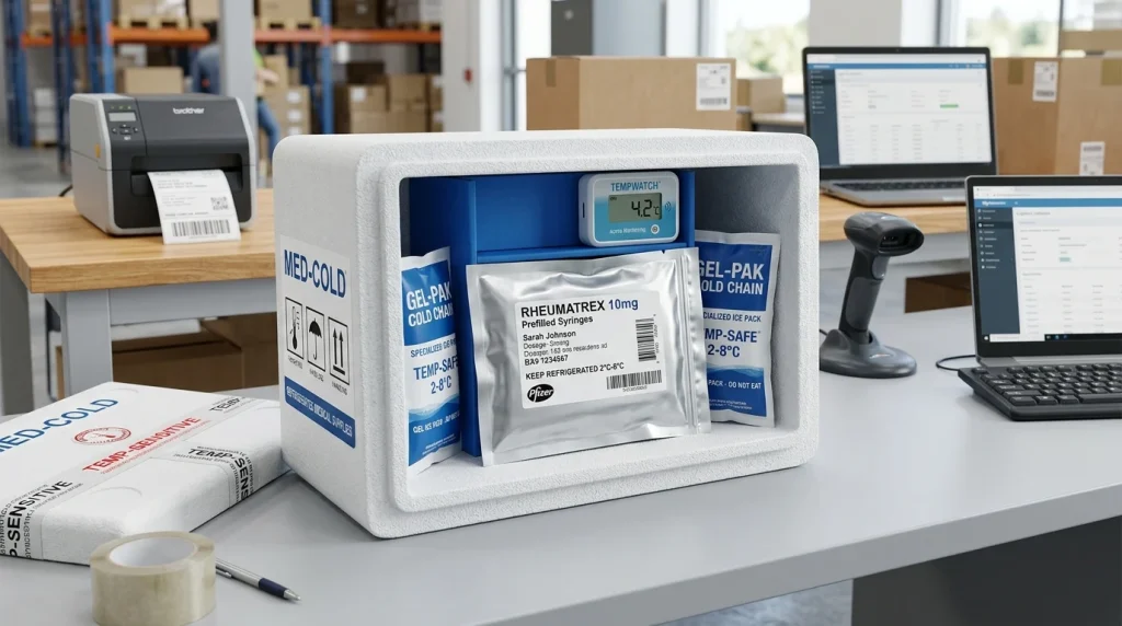Insulated medical cold chain shipping box with temperature sensor and sealed prescription package