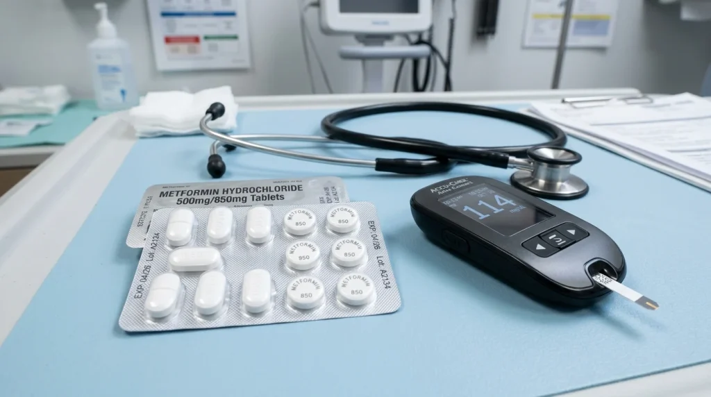 Metformin hydrochloride tablets in blister packaging next to a digital blood glucose monitor