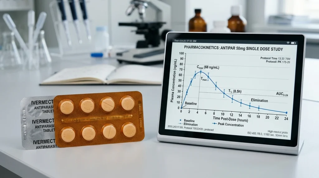 Pharmaceutical blister pack of antiparasitic tablets next to a clinical pharmacokinetic elimination graph