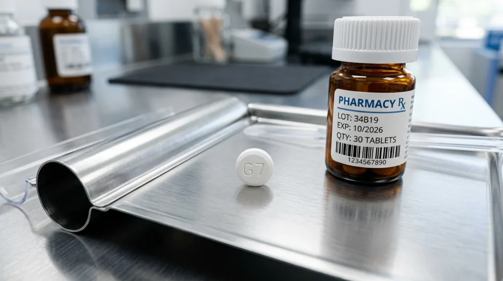 Macro photograph of a white round pharmaceutical tablet debossed with imprint G7 on a pharmacy tray
