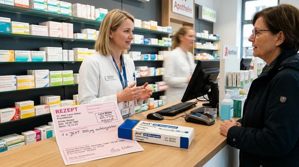 European pharmacy consultation counter with official prescription form and authentic autoinjector medication box