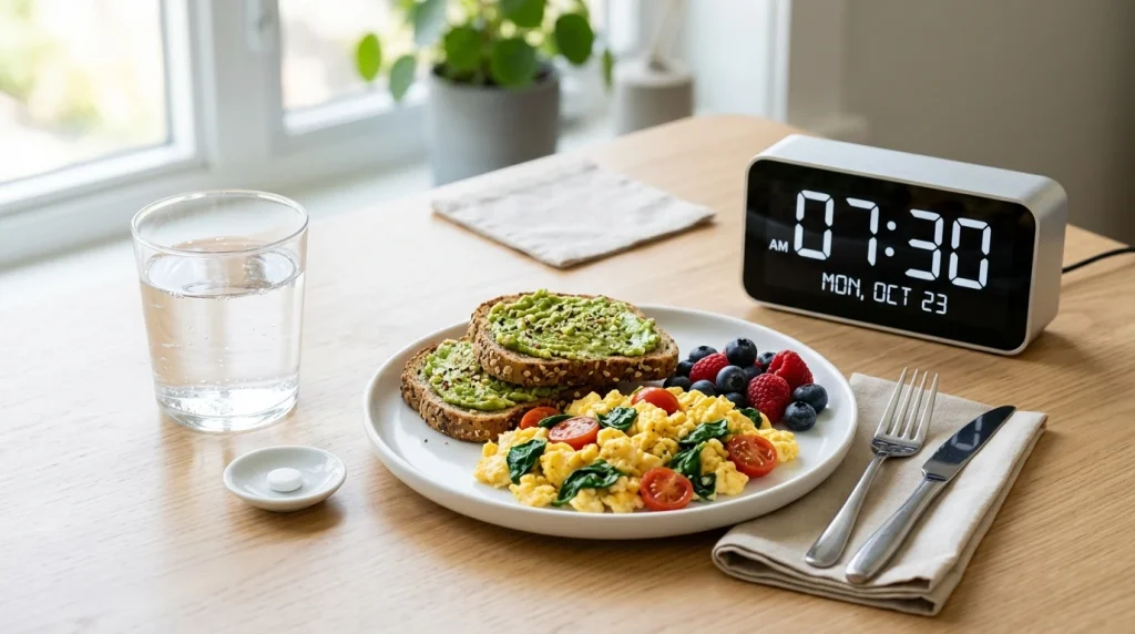 Morning breakfast table setting with balanced meal, glass of water, desk clock, and pharmaceutical medication tablet