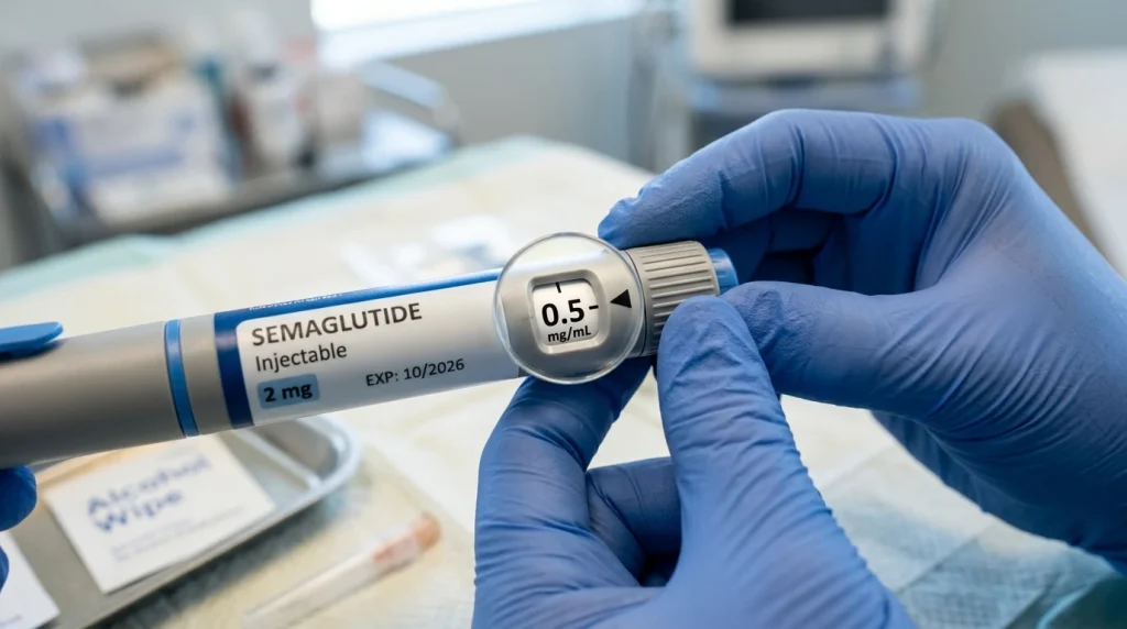 Close-up clinical macro view of a semaglutide injection pen dial window being calibrated with sterile nitrile gloves