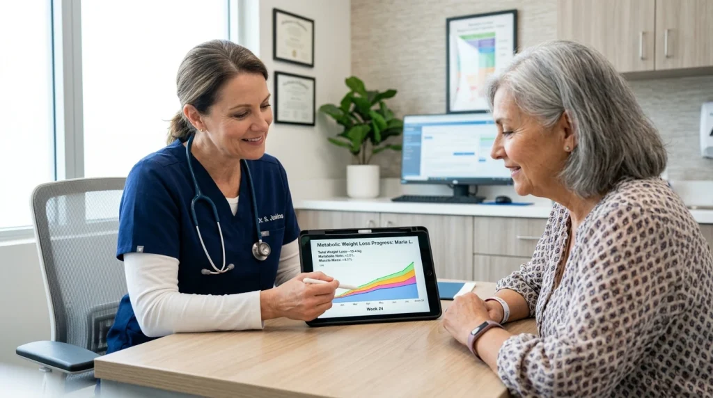 Clinical metabolic consultation with doctor and patient reviewing a digital weight loss graph on tablet
