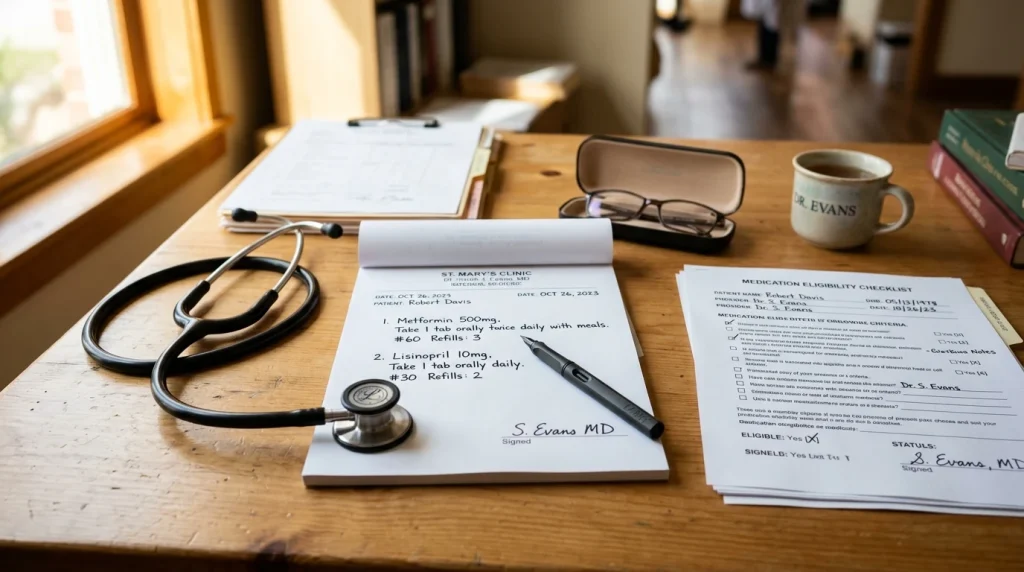 Physician desk with stethoscope, medication prescription pad, and clinical eligibility checklist