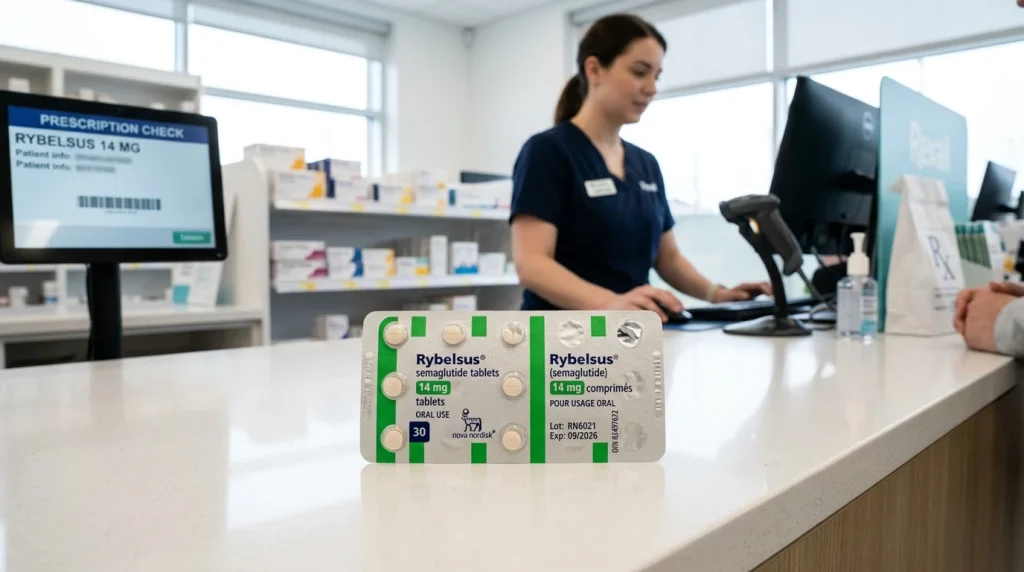 Oral Rybelsus semaglutide tablets in specialized green blister packaging on a modern Canadian pharmacy counter
