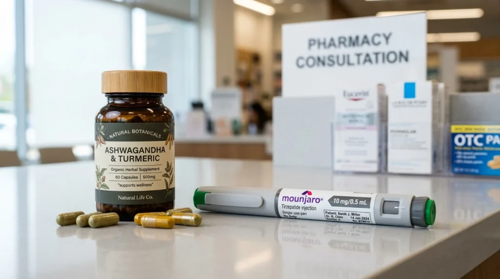 Pharmacy consultation desk comparing herbal supplement capsules with authentic tirzepatide autoinjector pen