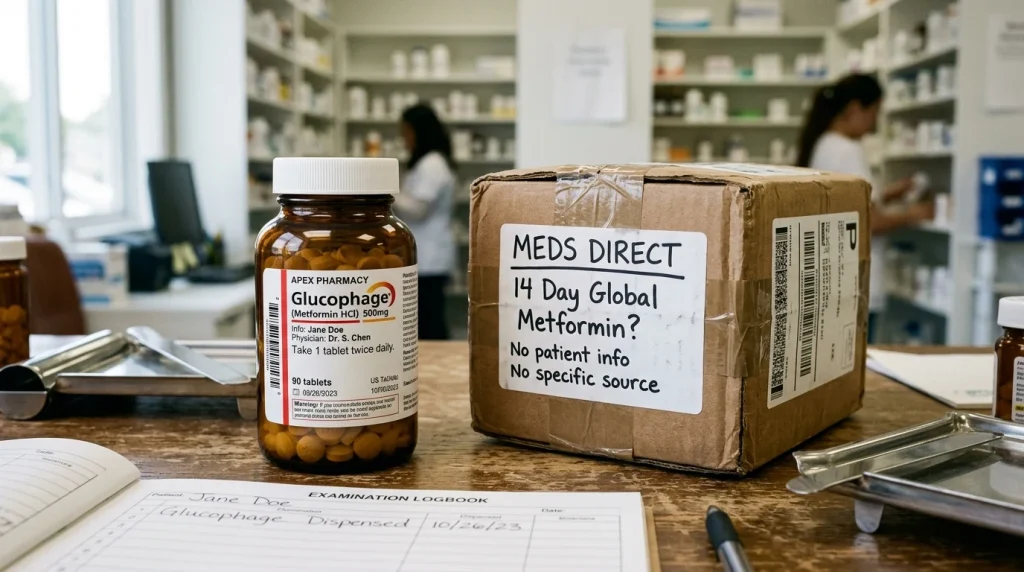 Pharmacy consultation desk contrasting authentic prescription Glucophage bottle with unverified mail order parcel